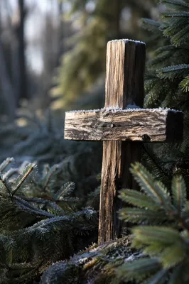 Rugged Wooden Cross Among Evergreen Branches