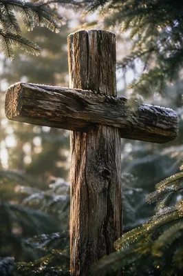 Rugged Wooden Cross in Evergreen Forest