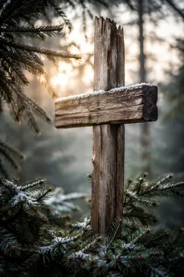 Rugged Wooden Cross in Evergreen Frost