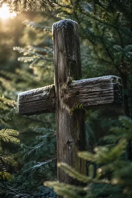 Weathered Wooden Cross in Evergreen Forest