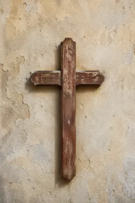 Weathered Wooden Cross on Aged Plaster