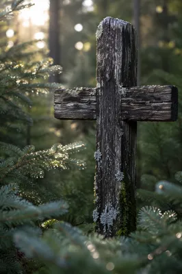Rugged Wooden Cross Among Evergreen Branches