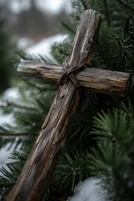 Rugged Wooden Cross in Evergreen Texture