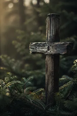 Rugged Wooden Cross in Evergreen Close-Up