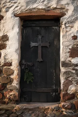 Rugged Iron Cross on Stone Door