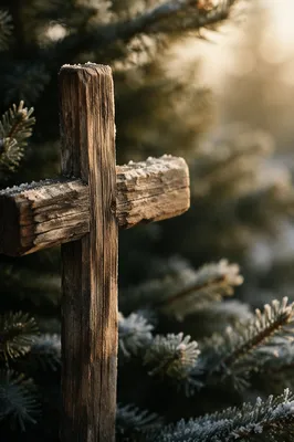 Rugged Wooden Cross Among Frosted Evergreens