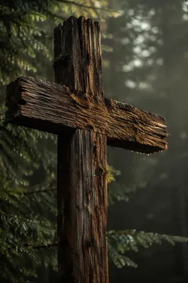 Rugged Wooden Cross in Evergreen Forest