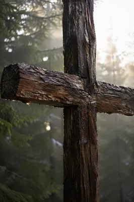 Rugged Wooden Cross in Evergreen Mist