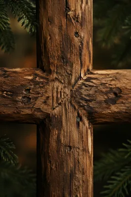 Weathered Wooden Cross with Evergreen Needles