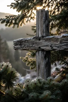Rugged Wooden Cross Among Evergreen Pines