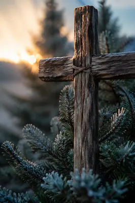 Rugged Wooden Cross Among Frosted Evergreens