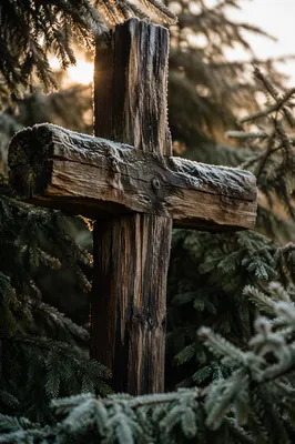 Rugged Wooden Cross in Frosted Evergreens