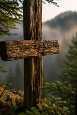 Rugged Wooden Cross in Evergreen Forest