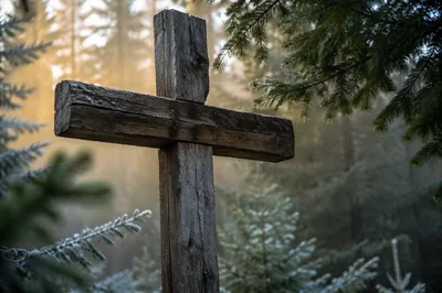 Rugged Wooden Cross in Evergreen Frost