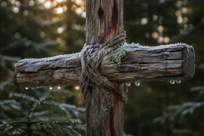 Rugged Wooden Cross in Winter Evergreen Forest