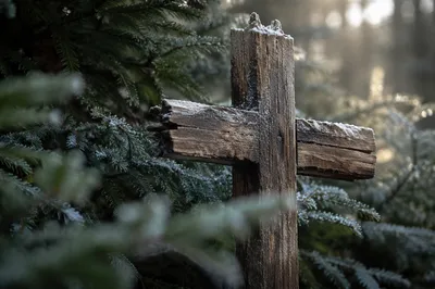 Rugged Wooden Cross in Evergreen Frost