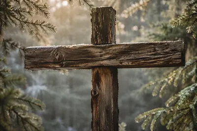 Rugged Wooden Cross in Evergreen Forest