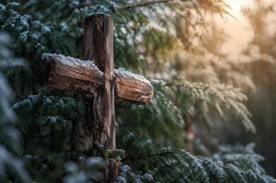 Rugged Wooden Cross in Evergreen Frost