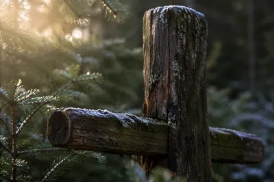 Rugged Wooden Cross in Evergreen Forest