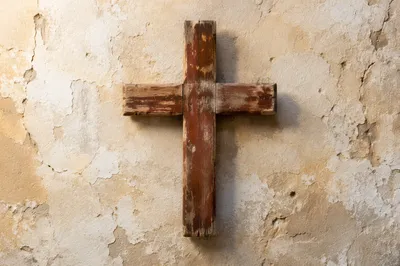 Weathered Wooden Cross on Aged Plaster