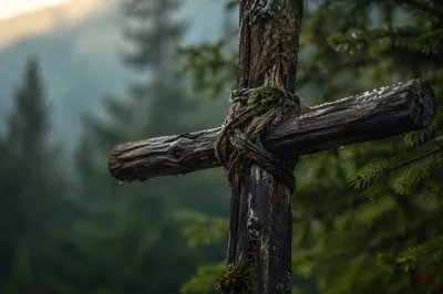 Rugged Wooden Cross in Evergreen Dawn