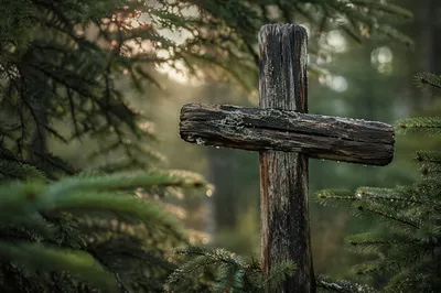 Rugged Wooden Cross in Evergreen Forest