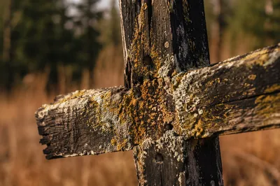 Weathered Wooden Cross Macro in Evergreen Light