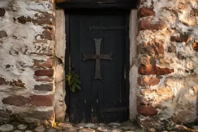 Rugged Iron Cross on Stone Doorway