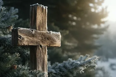 Rugged Wooden Cross in Frosted Evergreens
