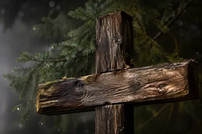 Rugged Wooden Cross in Evergreen Morning Light