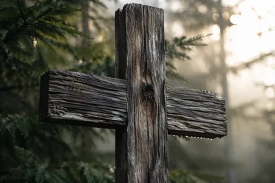 Rugged Wooden Cross in Misty Evergreen Forest