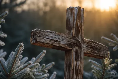 Rugged Wooden Cross Among Frosted Evergreens