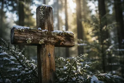 Rugged Wooden Cross in Evergreen Winter Forest