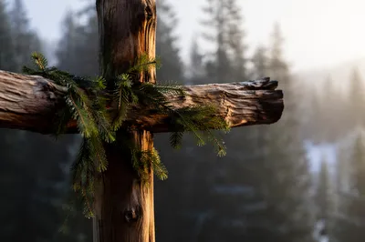 Weathered Wooden Cross with Evergreen Sprigs