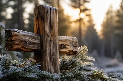 Rugged Wooden Cross Among Frosted Evergreens