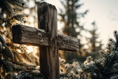 Rugged Wooden Cross Among Frosted Evergreens