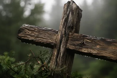 Rugged Wooden Cross Among Evergreen Boughs