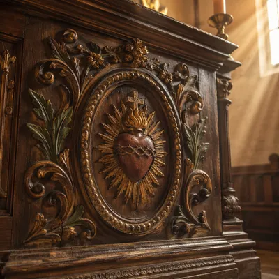 Antique Carved Devotional Wood Panel Closeup