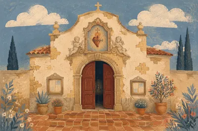 Historic Chapel Entrance with Sacred Heart Plaque