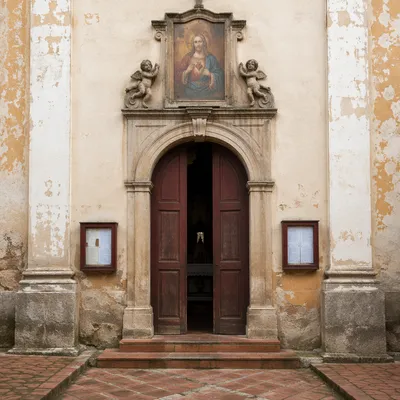Historic Chapel Facade with Sacred Heart Plaque