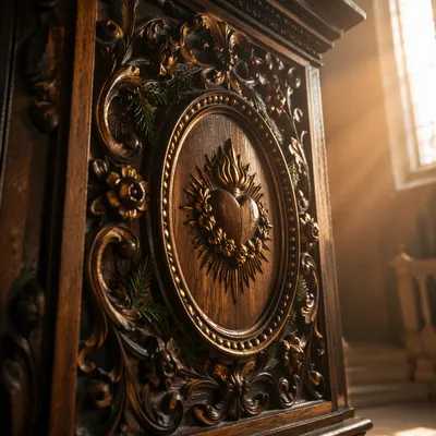 Antique Carved Devotional Wood Panel Close-Up