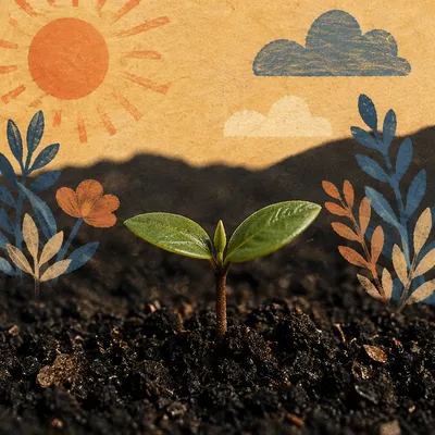 Evergreen Seedling Emerging From Dark Soil