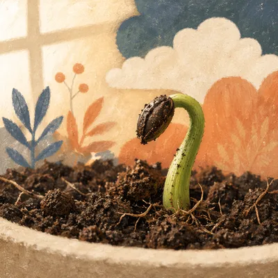 Evergreen Seedling Sprouting Through Rich Soil