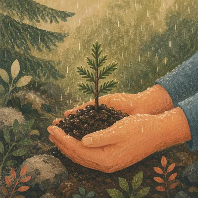 Evergreen Seedling Sprouting in Caring Hands