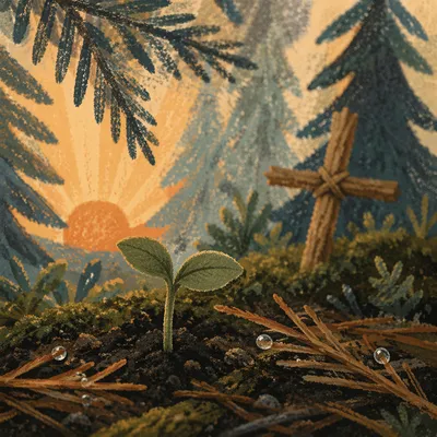 Seedling Sprouting in Evergreen Forest Light