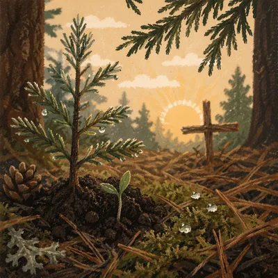 Evergreen Seedling at Dawn with Wooden Cross