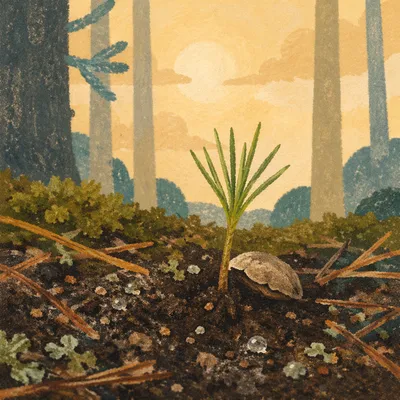 Evergreen Seedling Sprouting in Morning Soil