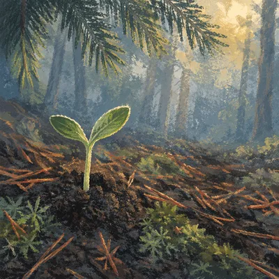 Seedling Rising from Evergreen Forest Soil