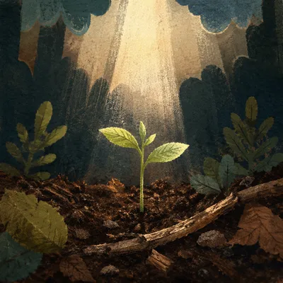 Evergreen Seedling Emerging from Forest Soil