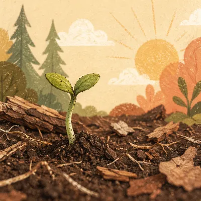 Evergreen Seedling Emerging from Forest Soil